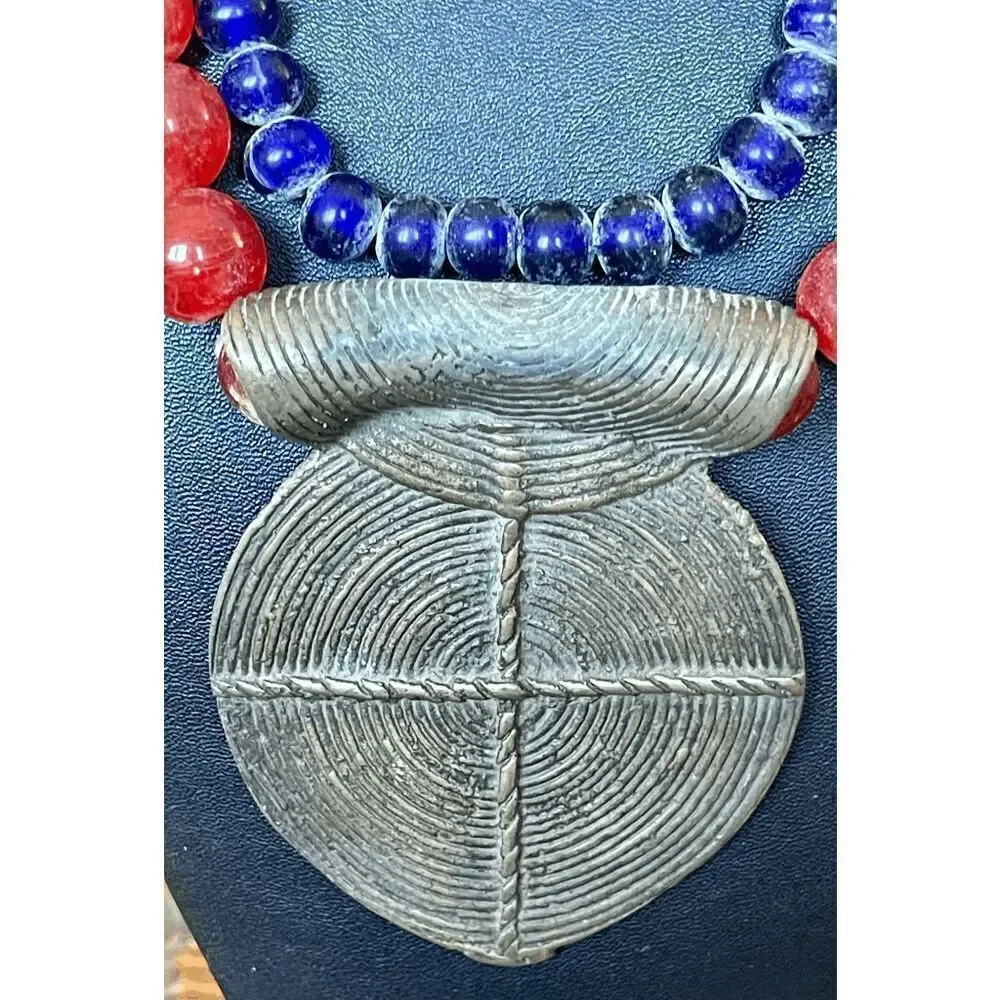 Ashanti Ghana Double Strand 18 Inch Glass Bead Necklace With Brass Pendant